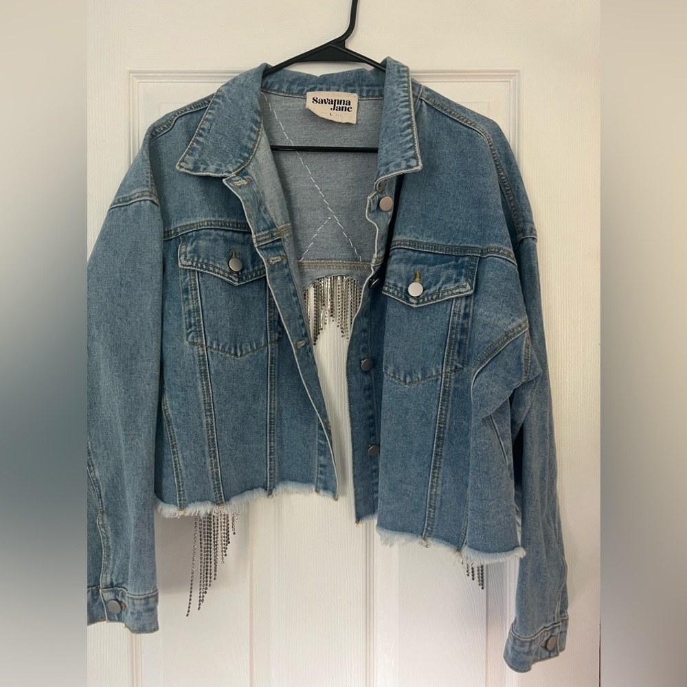 Savanna Jane Rhinestone Fringe Jean Jacket